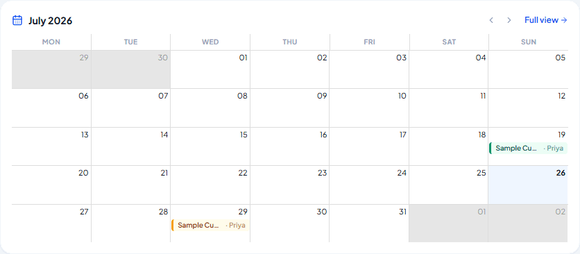 Mini calendar widget showing scheduled work orders across the month