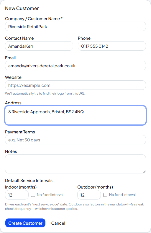New Customer form filled in with a company name, contact details and default service intervals