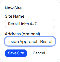 New Site form with a site name and address filled in