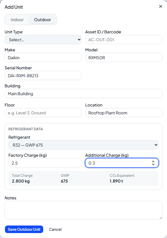 Add Outdoor Unit form with refrigerant charge entered, showing an automatically calculated total charge and CO2 equivalent