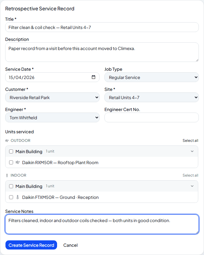 Retrospective Service Record form filled in with customer, site, engineer and units serviced