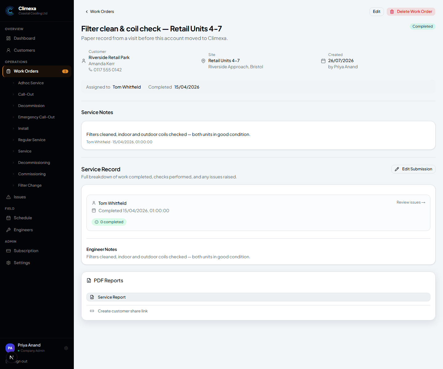 Completed work order page for a retrospectively added service record, with service notes and PDF report options