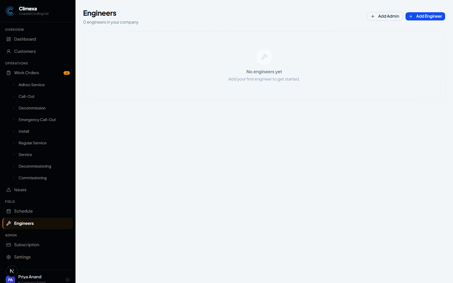 Engineers page with no engineers added yet, showing Add Admin and Add Engineer buttons
