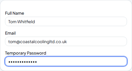 Add Engineer form filled in with a name, email and temporary password