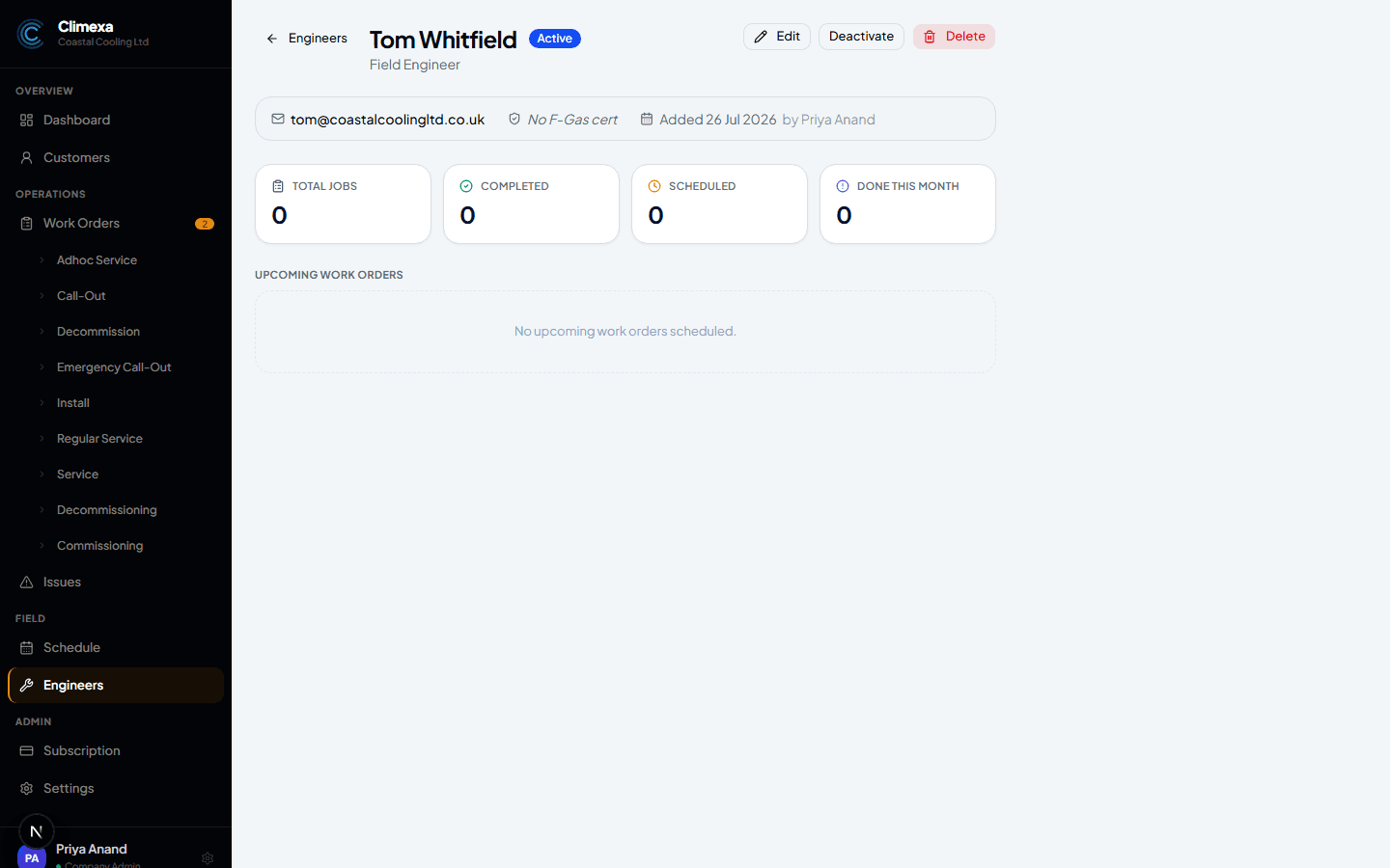 A newly created engineer's profile page showing job stats and an Active status badge