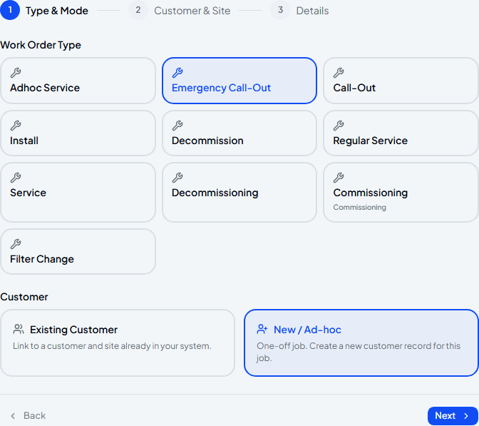 Work order wizard Type & Mode step with Emergency Call-Out and New / Ad-hoc selected
