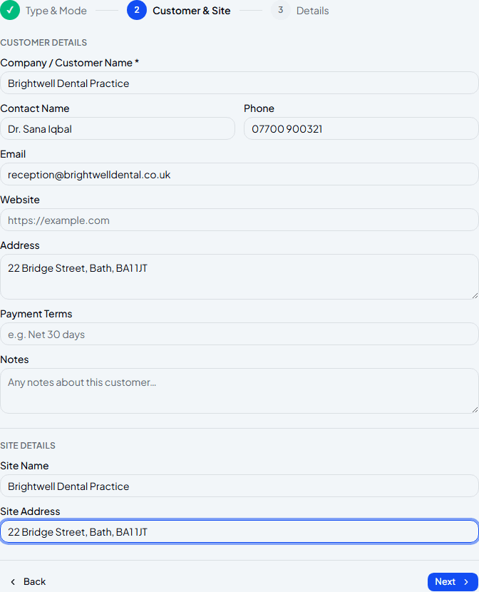 Ad-hoc customer and site details filled in during work order creation