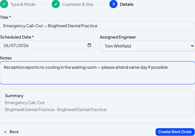 Work order Details step with scheduled date, assigned engineer, notes and a summary of the job
