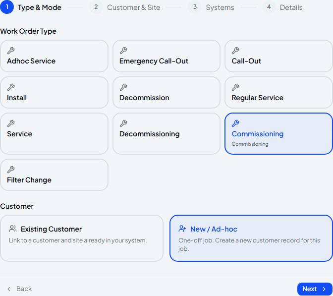 Work order wizard Type & Mode step with Commissioning and New / Ad-hoc selected