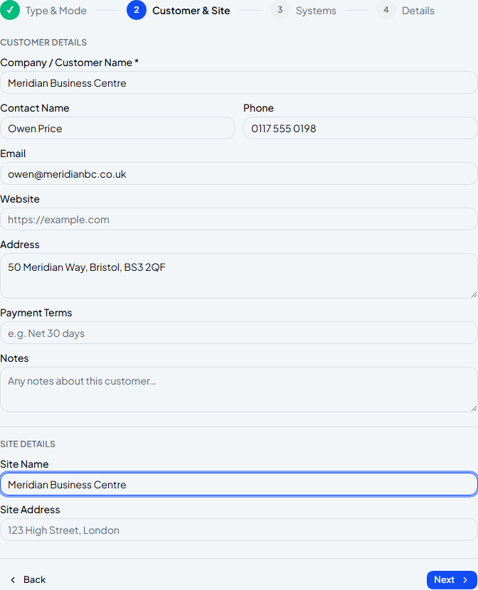 New customer and site details filled in for a commissioning job
