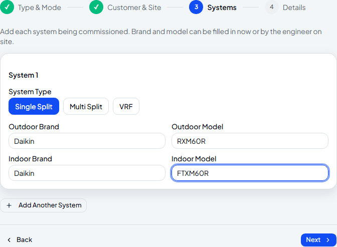 Systems step with Single Split selected and outdoor/indoor brand and model filled in