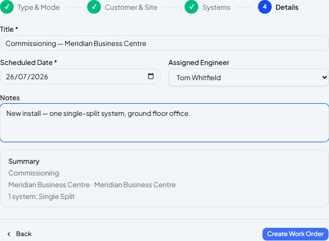 Work order Details step showing a commissioning summary with one Single Split system