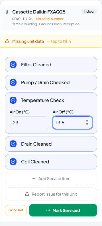 Unit checklist with several service items added and temperatures recorded