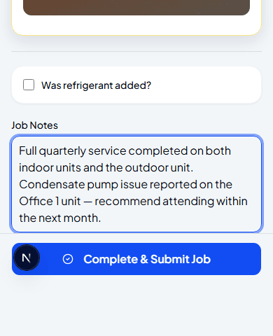 Regular service job notes with the Complete and Submit Job button