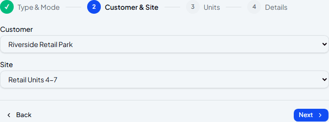 Work order wizard Customer & Site step with a customer and site selected from dropdowns