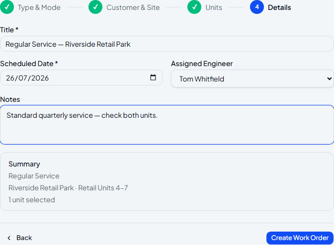 Work order Details step with scheduled date, assigned engineer and a summary showing one unit selected