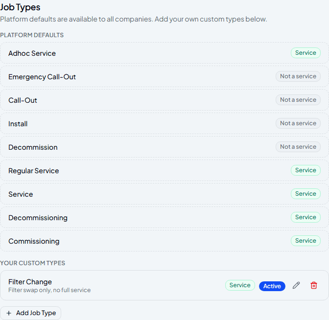 Job Types settings showing platform default job types plus a custom “Filter Change” job type