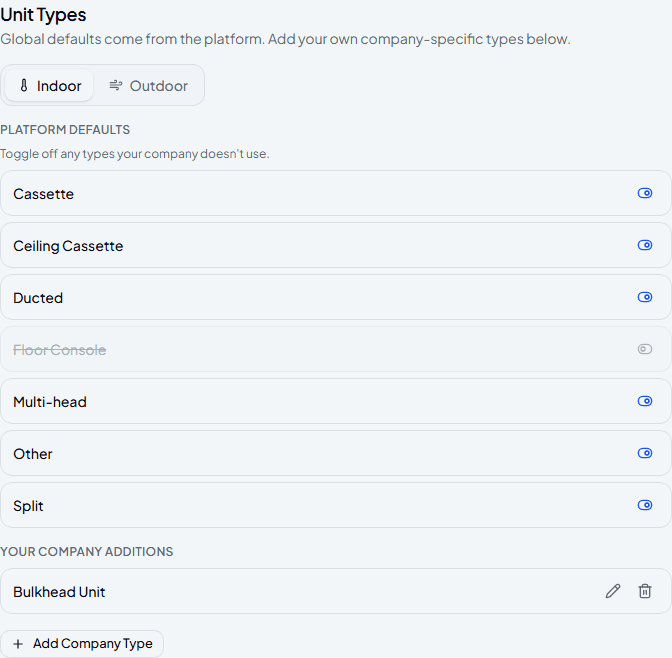 Unit Types settings showing a disabled “Floor Console” default and a custom “Bulkhead Unit” addition