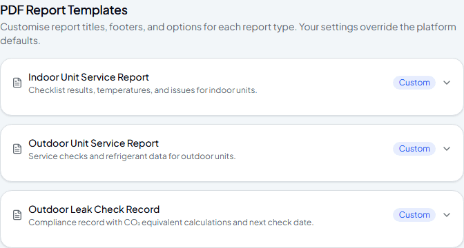 PDF Report Templates list showing three report types you can customise