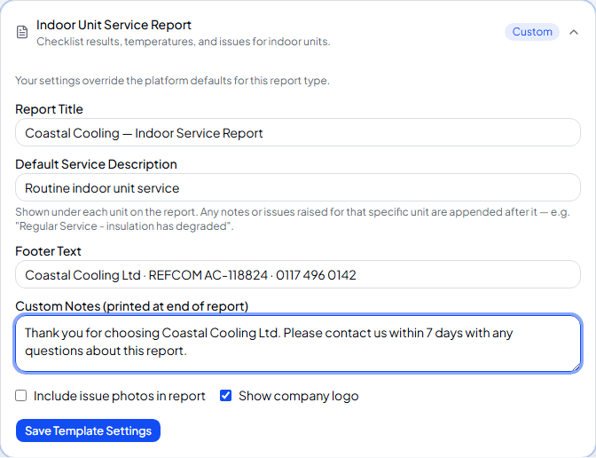 PDF template form filled in with a custom report title, footer text and notes