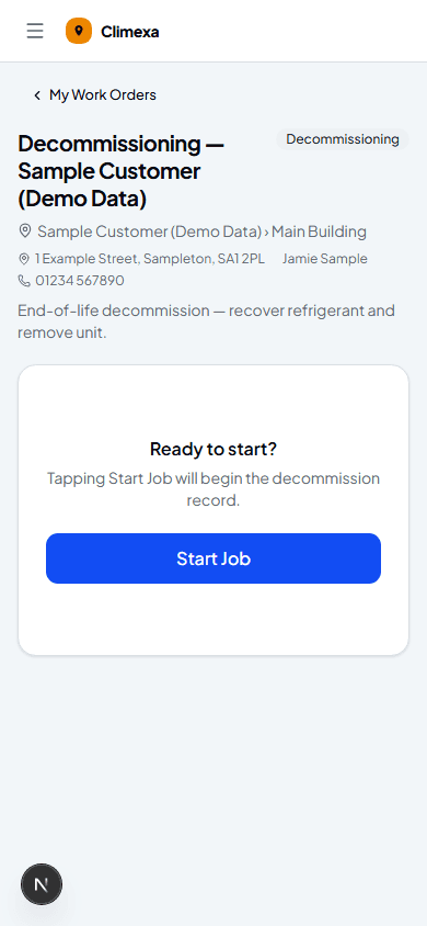 Decommissioning job detail screen with a Start Job button