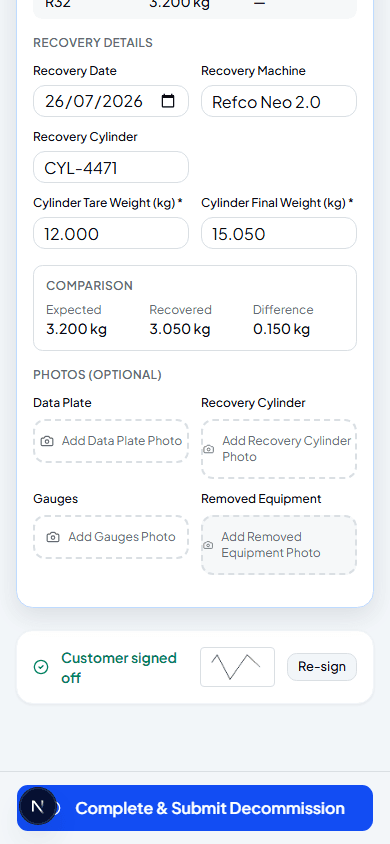 Recovery details filled in with an expected vs recovered comparison, and the customer signed off