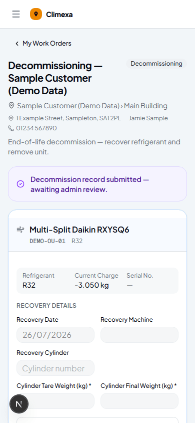Submitted decommission record showing the awaiting-review banner