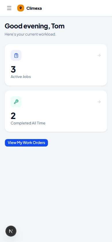 Engineer dashboard showing active jobs and completed count for Tom