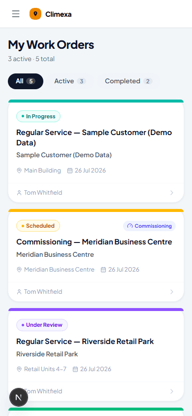 My Work Orders list showing scheduled, under review and completed jobs