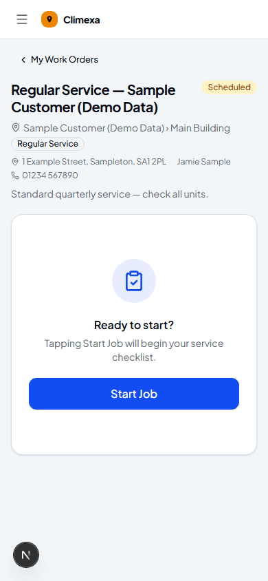 Job detail screen for a scheduled Regular Service job with a Start Job button