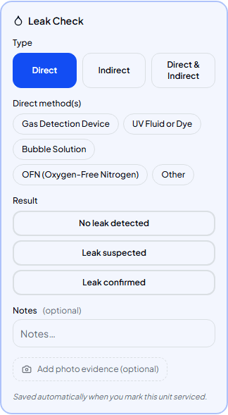 Empty Leak Check panel showing type, method and result options