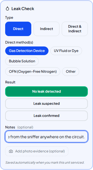 Leak Check panel filled in with a direct method, no leak detected, and notes