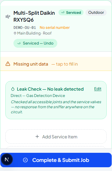 Saved leak check summary shown on a serviced outdoor unit