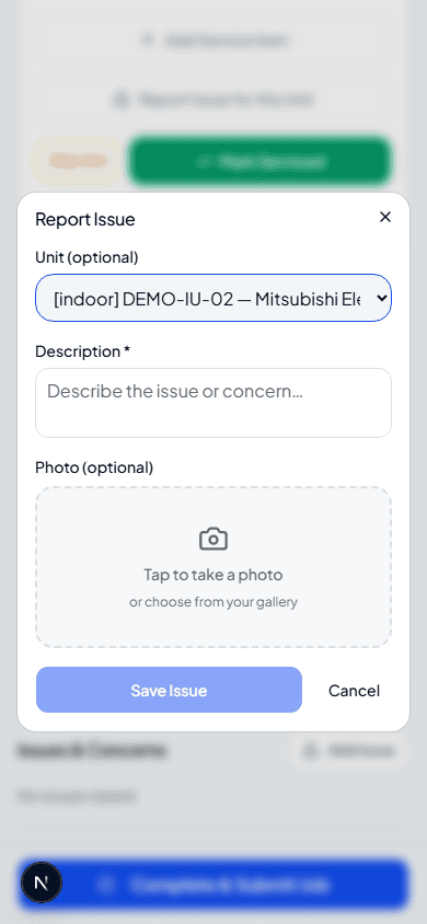 Report Issue dialog with the unit pre-selected and an empty description
