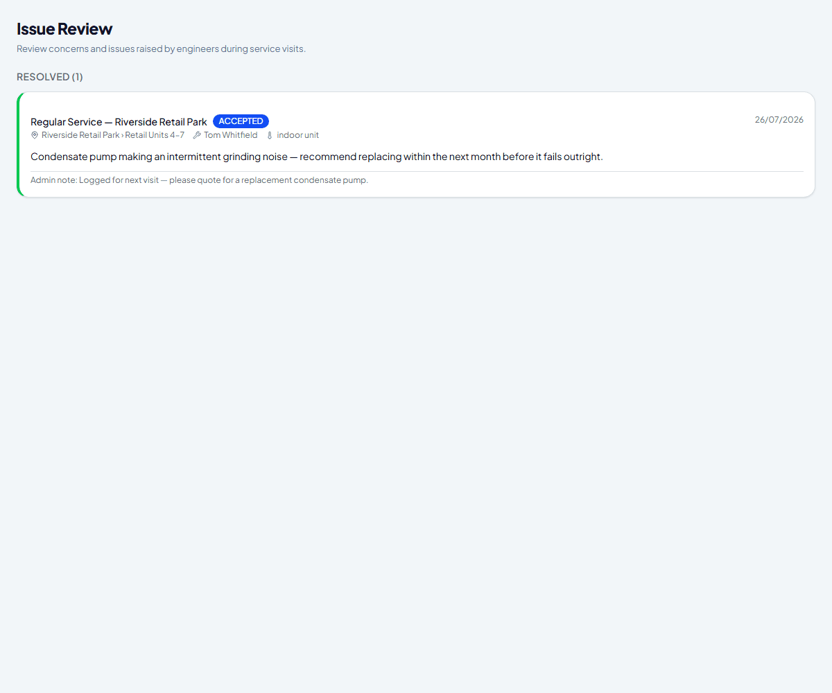 Resolved issue showing an Accepted badge and the admin note left before accepting
