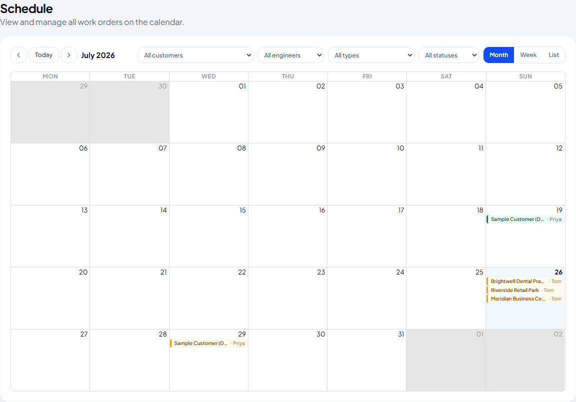 Full Schedule calendar in month view showing work orders across several customers