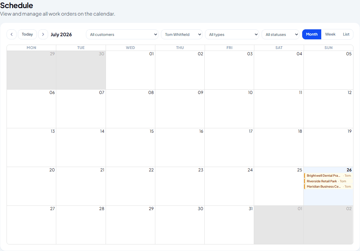Schedule calendar filtered down to a single engineer's work orders