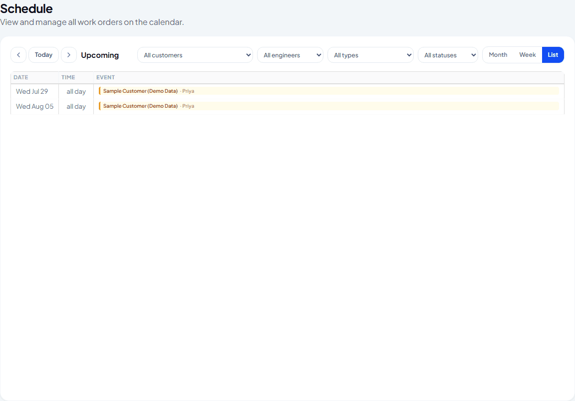 Schedule in List view showing upcoming work orders as a table