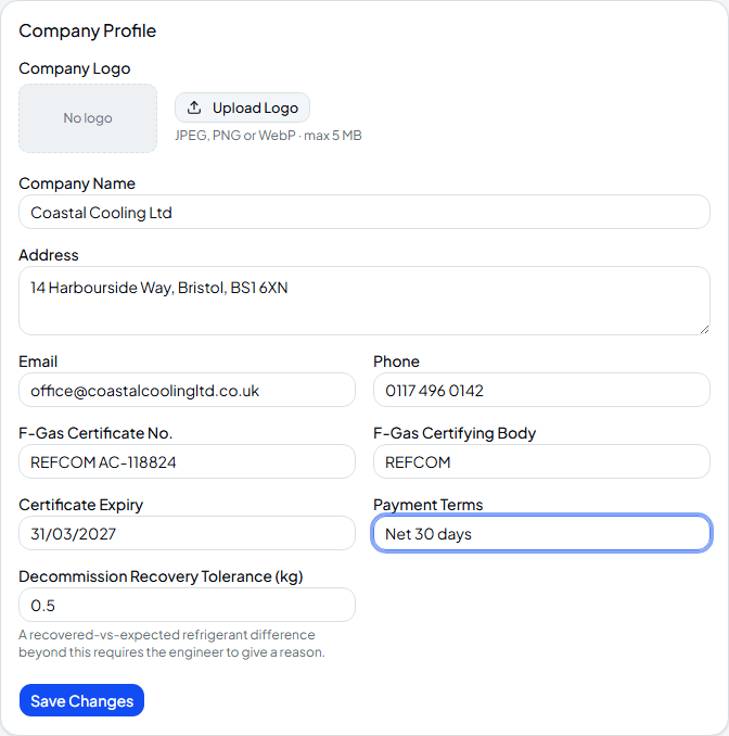 Company Profile settings form filled in with address, contact details and F-Gas certification
