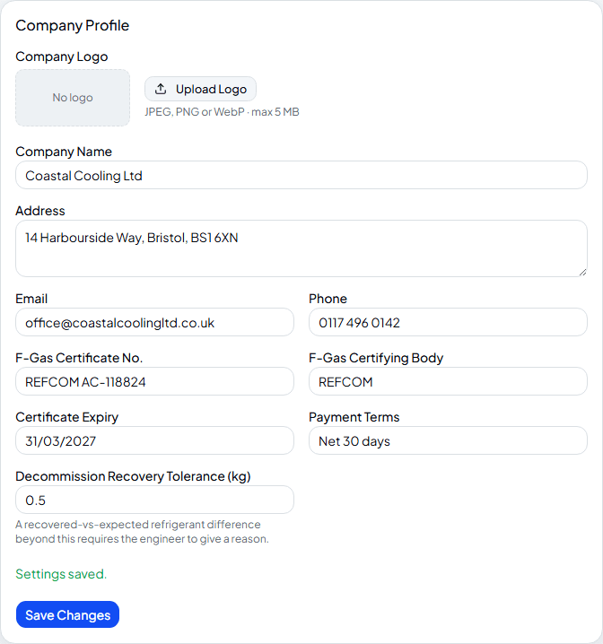 Company Profile form showing a “Settings saved” confirmation message