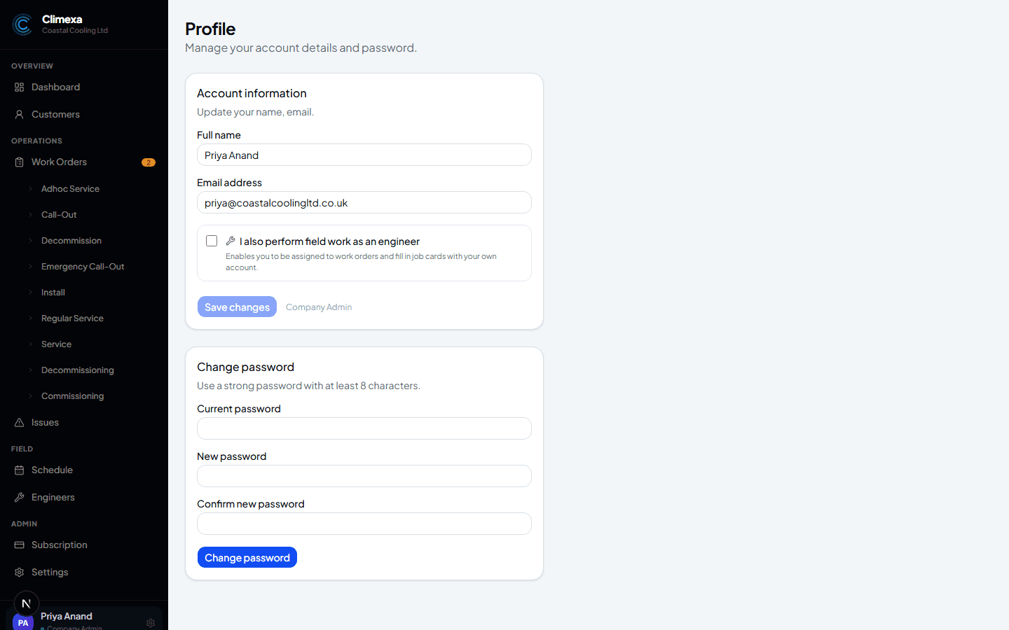 Profile page showing the Account information card with name and email fields
