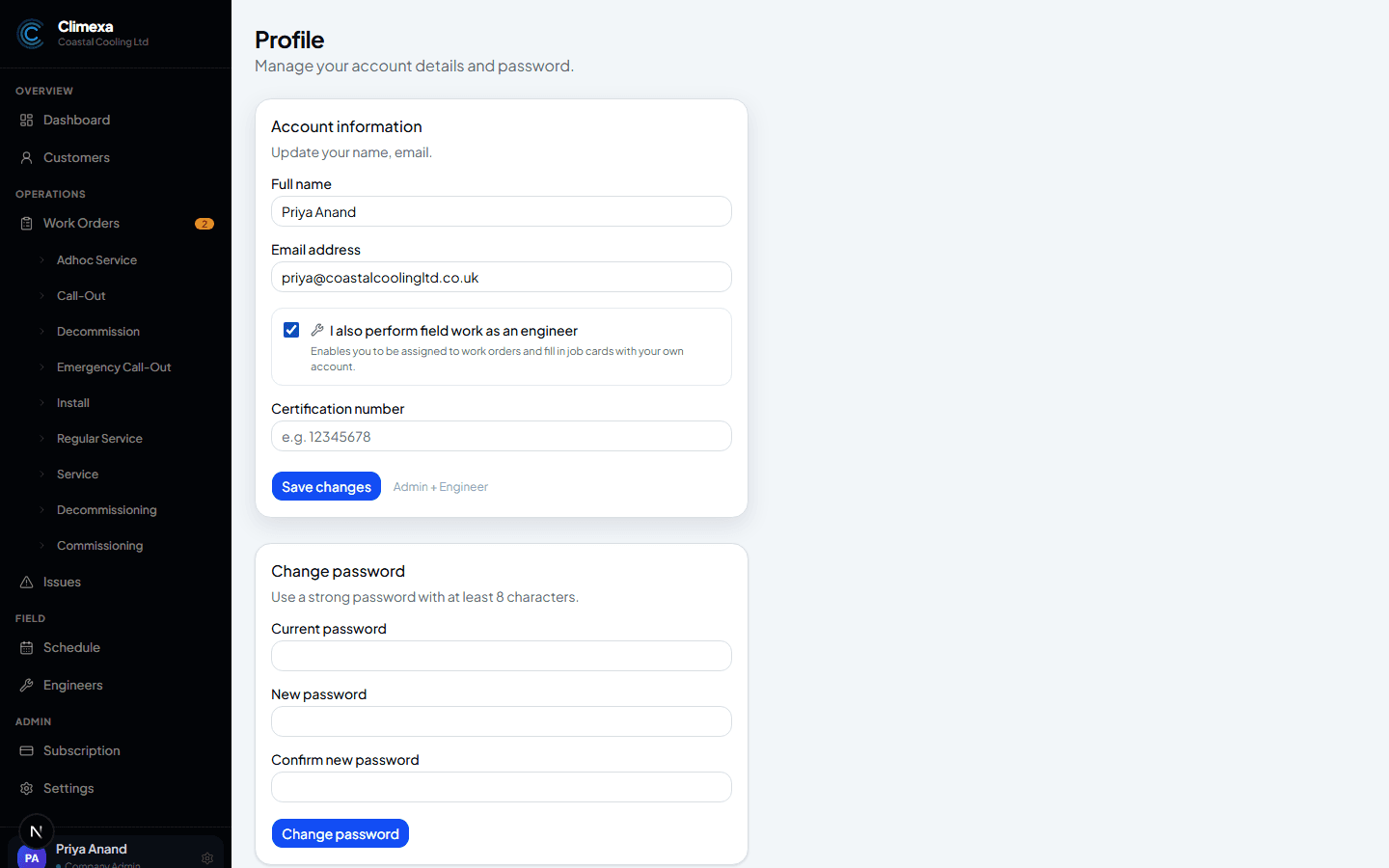 Profile page with the field-work checkbox ticked, revealing a certification number field