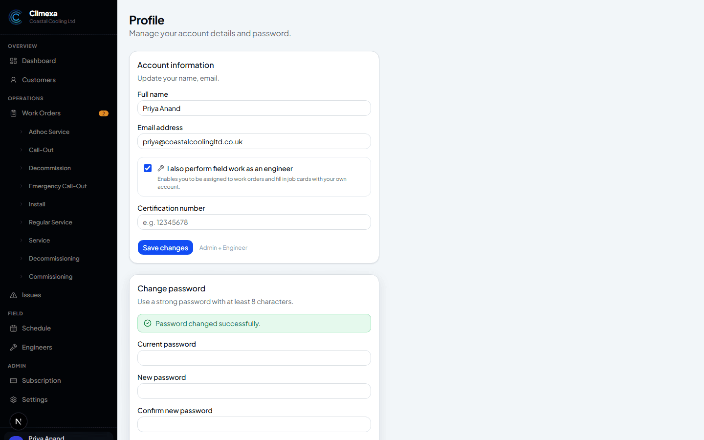 Change password form showing a “Password changed successfully” confirmation