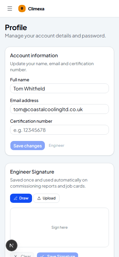 Profile page with an empty certification number field and no saved signature