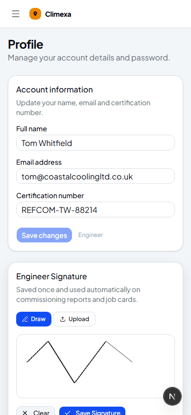 Certification number filled in and a signature drawn on the signature pad