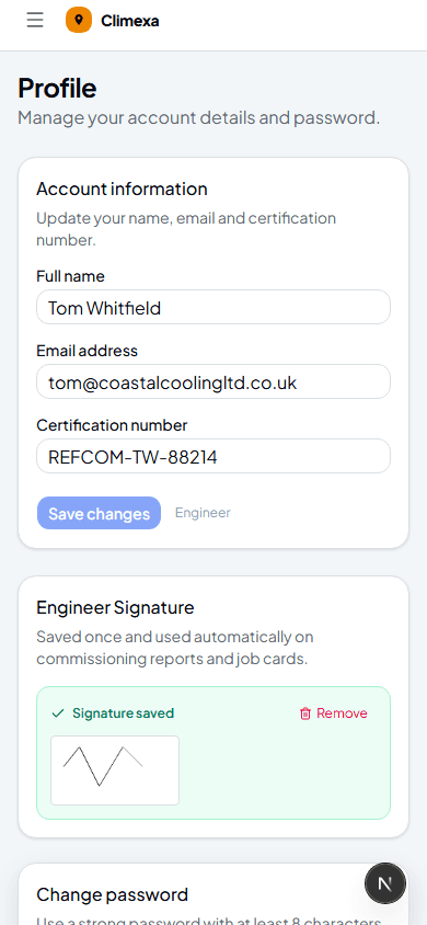 Saved signature confirmation on the profile page