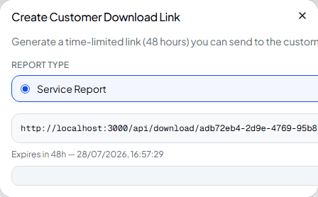 Create Customer Download Link dialog showing a generated 48-hour link for a Service Report