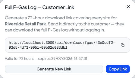 Full F-Gas Log customer link dialog showing a generated 72-hour download link