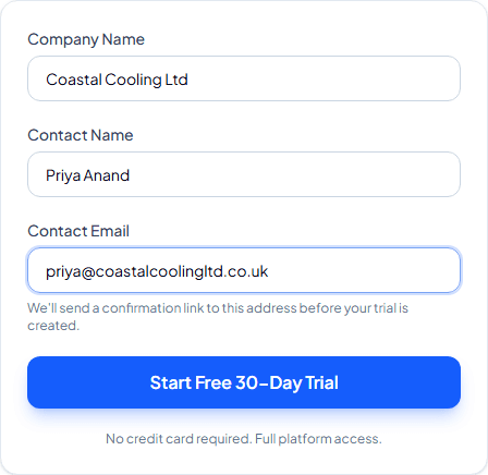 Start Free 30-Day Trial form filled in with a company name, contact name and contact email