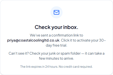 “Check your inbox” confirmation message after submitting the trial signup form